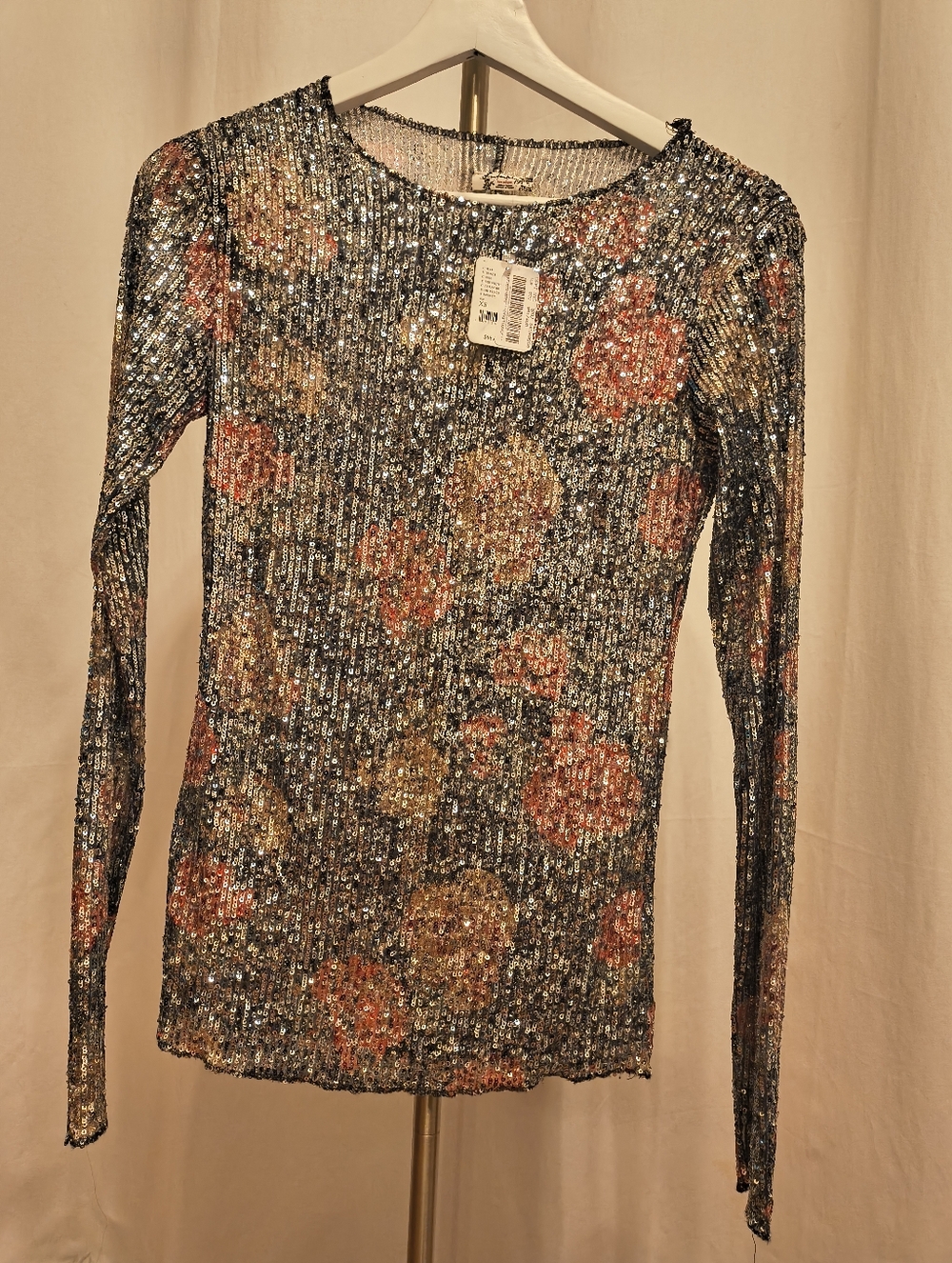 Free People Silver Sequin Long Sleeve Top with Pink & Gold Floral Motif NWT